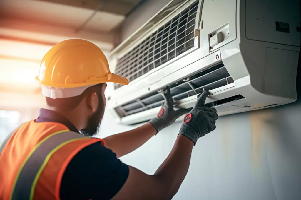 An HVAC technician with a yellow hardhat performing AC service to an AC system in North Fort Myers.