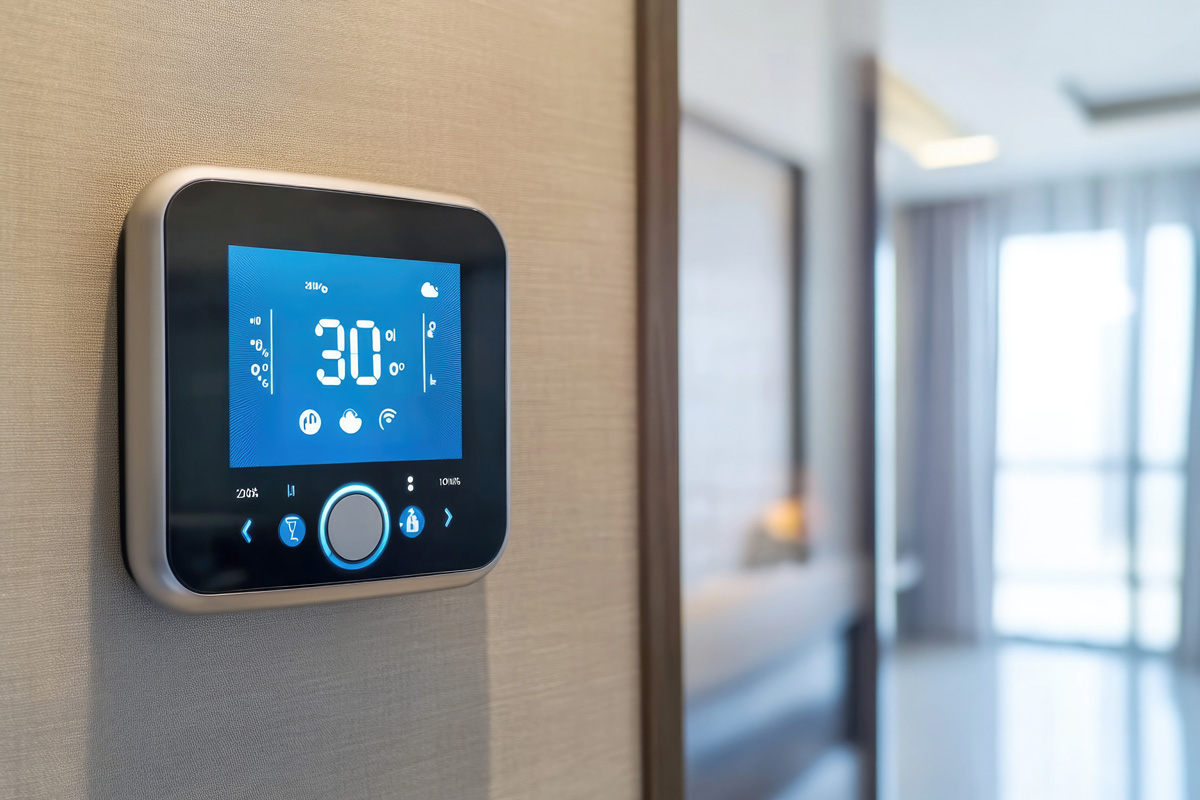 A digital thermostat on a wall with a blue screen and the number “30” in North Fort Myers.